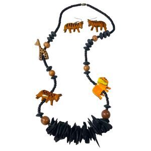 Safari Animal Necklace & Earrings Set Wood Beaded Tiger Giraffe